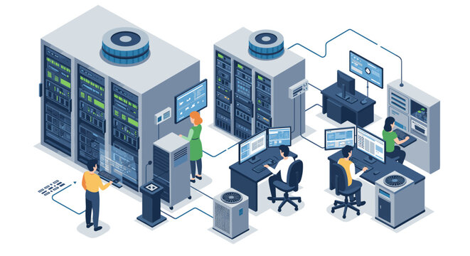 Isometric data center with it technicians and servers in a modern workspace - Powered by Adobe