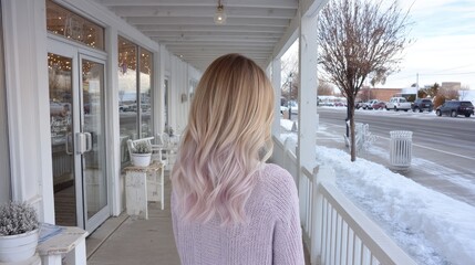 Woman with Lavender and Blonde Ombre Hair Walking on Snowy Street