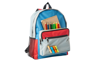 Colorful school backpack with stationery items and supplies ideal for organized student studies