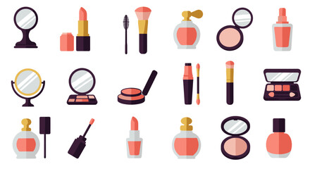Fototapeta premium Flat style makeup icons featuring lipstick, blush, and perfume