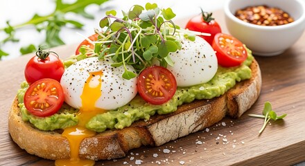 Delicious open faced avocado toast topped with poached eggs cherry tomatoes and microgreens