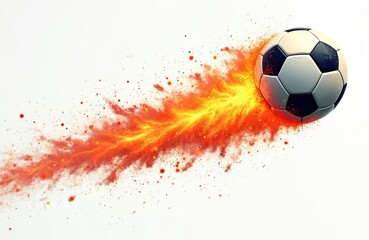 Soccer ball in motion with fiery explosion trail. Dynamic action illustration shows energetic kick, speed, power. Clean white background isolates vibrant red, yellow particles, perfect for sports