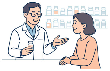 Pharmacy consultation vector: healthcare, medicine, patient interaction, professional guidance