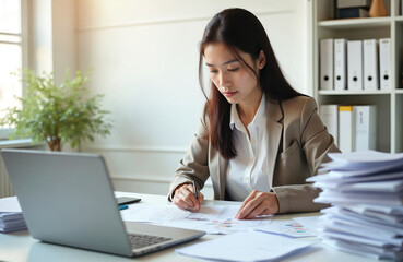 Focused Asian businesswoman reviews financial documents at desk, working through stacks of paperwork. Laptop open, pen in hand, analyzes reports, managing busy workload in modern office setting.