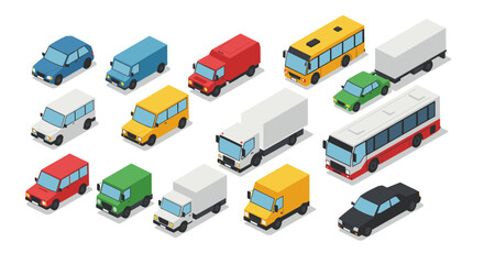 Colorful isometric set of vehicles featuring buses, trucks, and cars in various styles