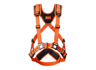 Orange safety harness for fall protection and industrial work gear with adjustable shoulder straps