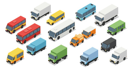 Colorful isometric vehicles collection: trucks, buses, and vans