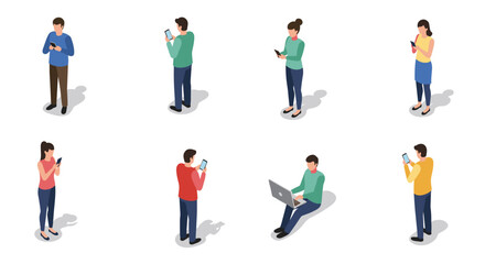 Isometric people using devices on white background: casual outfit, smartphones, laptop