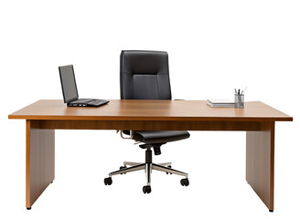 Modern office desk setup with laptop and chair for a professional and organized workspace environment