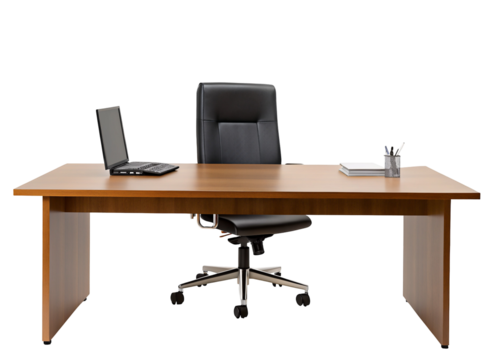 Modern office desk setup with laptop and chair for a professional and organized workspace environment