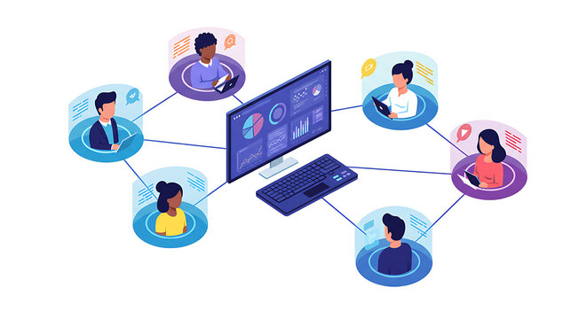 Diverse Remote Business Team Collaborating Online via Central Data Analytics Network Isometric Vector