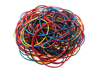 Colorful tangled electrical wires showcasing technology and connectivity challenges and solutions