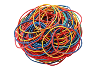 Colorful rubber bands tangled together in a vibrant circular pile on a white background surface