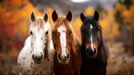 This stunning image showcases three horses standing together in a vibrant autumn landscape, illustrating the beauty of nature and the bond between animals.