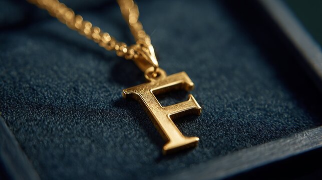 A stunning gold necklace featuring a large letter 'F' pendant, resting elegantly in a dark velvet box.