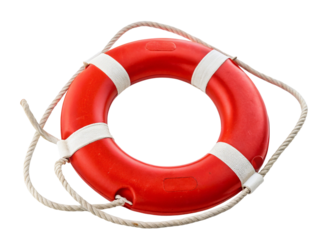 Red life preserver ring with rope for safety on watercraft and seaside emergency preparedness