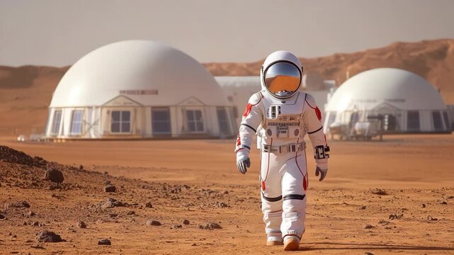 Astronaut walking on Mars near futuristic space habitat domes, interplanetary exploration, red planet colonization concept, science fiction cinematic scene, space travel research mission