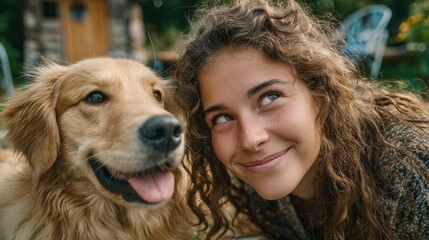 Close-up of Smiling Teenage Girl with Freckles Looking Upward Next to a Golden Retriever Dog in a Backyard Setting