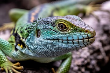 Fototapeta premium Close up of a green lizard with blue face and yellow eyes looking forward
