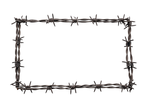 Barbed wire border frame on dark background with sharp spikes for security and protection concept