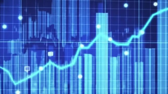 Close-up of a detailed financial chart with grid lines and fluctuating data points, showing a mix of increasing and decreasing trends in a vibrant blue and light blue palette