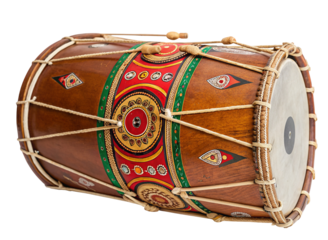 Traditional dhol instrument with intricate design and ropes for cultural celebrations and music