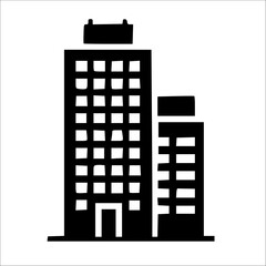 Simple black and white graphic illustration of a modern office building, representing business and urban development.