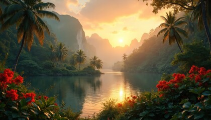 Serene tropical landscape at sunrise. Green jungle with palm trees surrounds calm river reflecting warm golden sunlight. Vibrant red flowers bloom on riverbank, creating tranquil, untouched paradise.