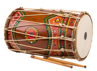 Colorful traditional dhol drum with detailed folk art design and wooden sticks for festive music