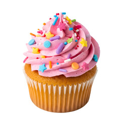 A single cupcake with frosting and sprinkles close up view on transparent background
