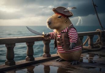 Fototapeta premium Photorealistic capybara pirate standing on a ship deck with sword ready for adventure. Capybara pirate embodies boldness and daring on high seas, facing stormy weather.
