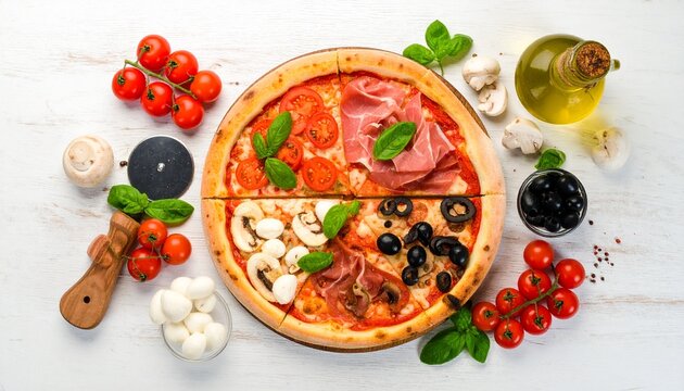 Delicious pizza with assorted toppings on a white wooden table.
