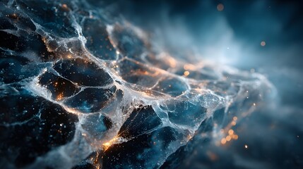 Macro, abstract photograph of a sheet of ice. A network of deep, intricate cracks and fissures glows with a cool, translucent blue light from within.