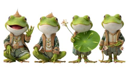 Four elegant anthropomorphic frogs in ornate royal traditional attire one waving another holding a lotus leaf and bloom