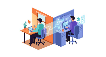 Remote Work & Digital Collaboration: Isometric Illustration of Professionals Connecting from Home Office to Virtual Workplace