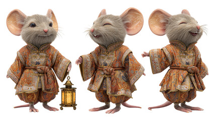 Three smiling anthropomorphic mouse characters wear traditional ornate robes One mouse holds a glowing lantern Posed