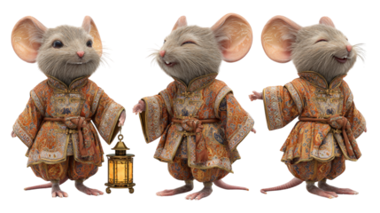 Three smiling anthropomorphic mouse characters wear traditional ornate robes One mouse holds a glowing lantern Posed