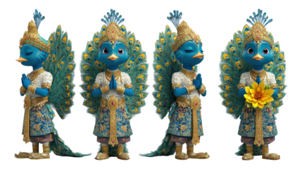 Four detailed blue peacock characters wearing traditional golden and patterned costumes performing a respectful greeting
