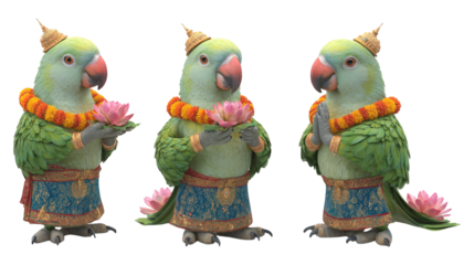 Green parrots in traditional gold crowns and vibrant garlands Two hold pink lotus flowers one shows a Namaste pose