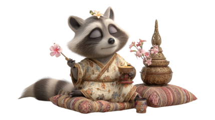 Animated raccoon meditates in a traditional robe Holds a flower and candle sitting on cushions beside ornate decor transparent background