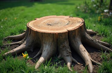 Fototapeta premium Old tree stump on vibrant green grass in a city park. Thick, rough, aged wood shows prominent growth rings and exposed roots. A small yellow flower blooms nearby, suggesting spring or summer season.