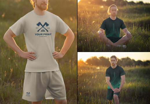 3 Outdoor Men's T-Shirt and Shorts Mockups
