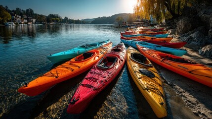 Colorful Kayaks on Lake Shore, Ready for Adventure: Row of Brightly Hued Boats on Calm Water with Reflections and Scenic Landscape