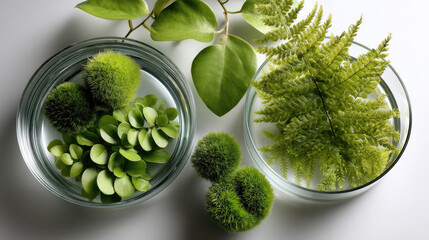 Top down view of green plant leaves and moss balls in glass petri dishes, fresh botanical arrangement, natural and calming