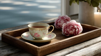 Vintage floral teacup with tea on wooden tray, pink peonies, candle, and vase by sunlit window, peaceful and elegant mood