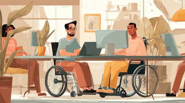 Two male wheelchair users collaborate at a shared desk with laptops and monitors in a bright inclusive modern office, symbolizing accessibility and teamwork
