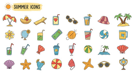 Fototapeta premium collection of colorful cartoon-style summer icons