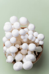 Single cluster of white shimeji mushrooms on green background for vegetarian produce or nutrition concept