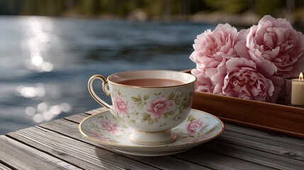 Vintage floral teacup with tea on wooden dock, pink peony flowers and candle, serene lakeside nature background, peaceful morning