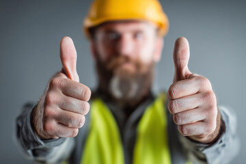 Close-up of construction site worker in hard hat and neon vest, making thumbs up gesture, minimal solid background